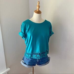 Lace Trimmed Vintage Short Sleeve Teal Top